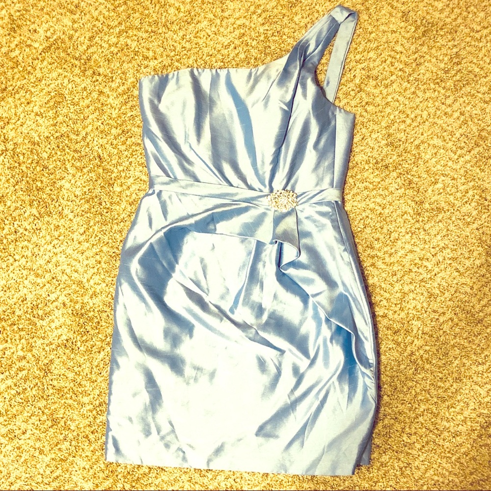 Andrew Adela sky blue one shoulder cocktail dress